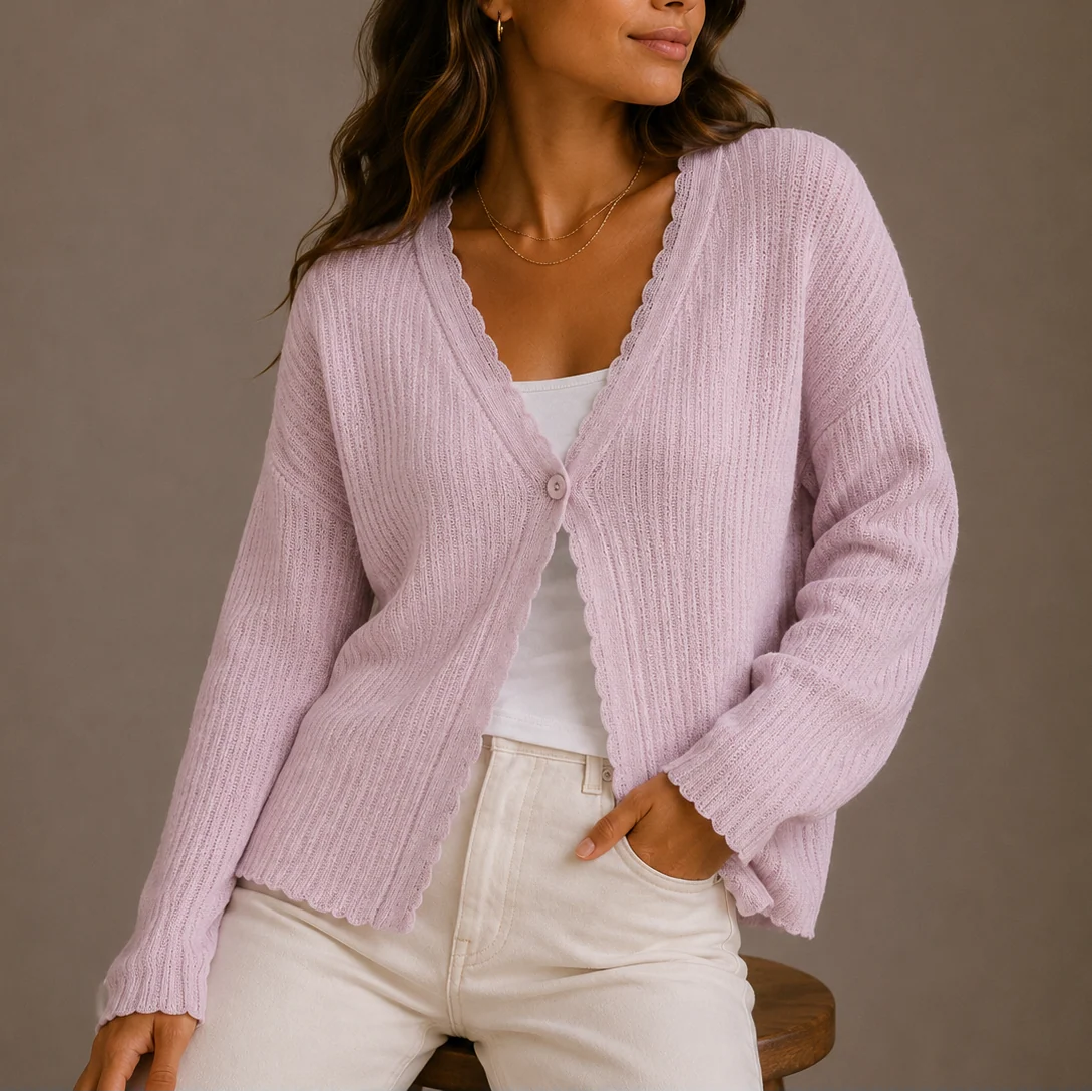 Back view of women's knit cardigan displaying ribbed construction and hip-length cut