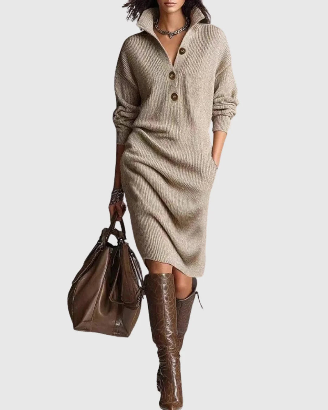 Close-up view of ribbed knit midi dress showing textured fabric and oversized button detail