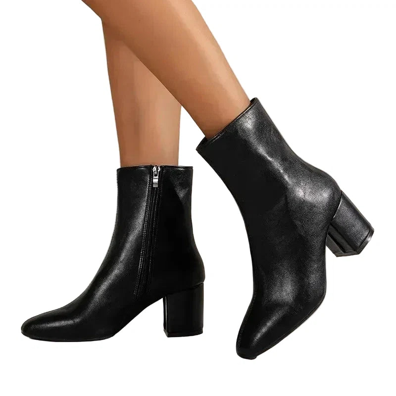 Women's ankle boots with chunky block heel in cream styled for versatile everyday wear