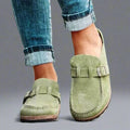Detail shot of women's mules highlighting contrast stitching and suede-effect texture on upper