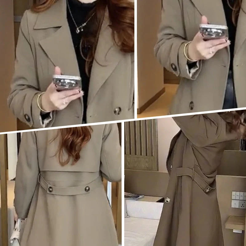 Women's double-breasted trench coat in black showing notched lapels and polished finish