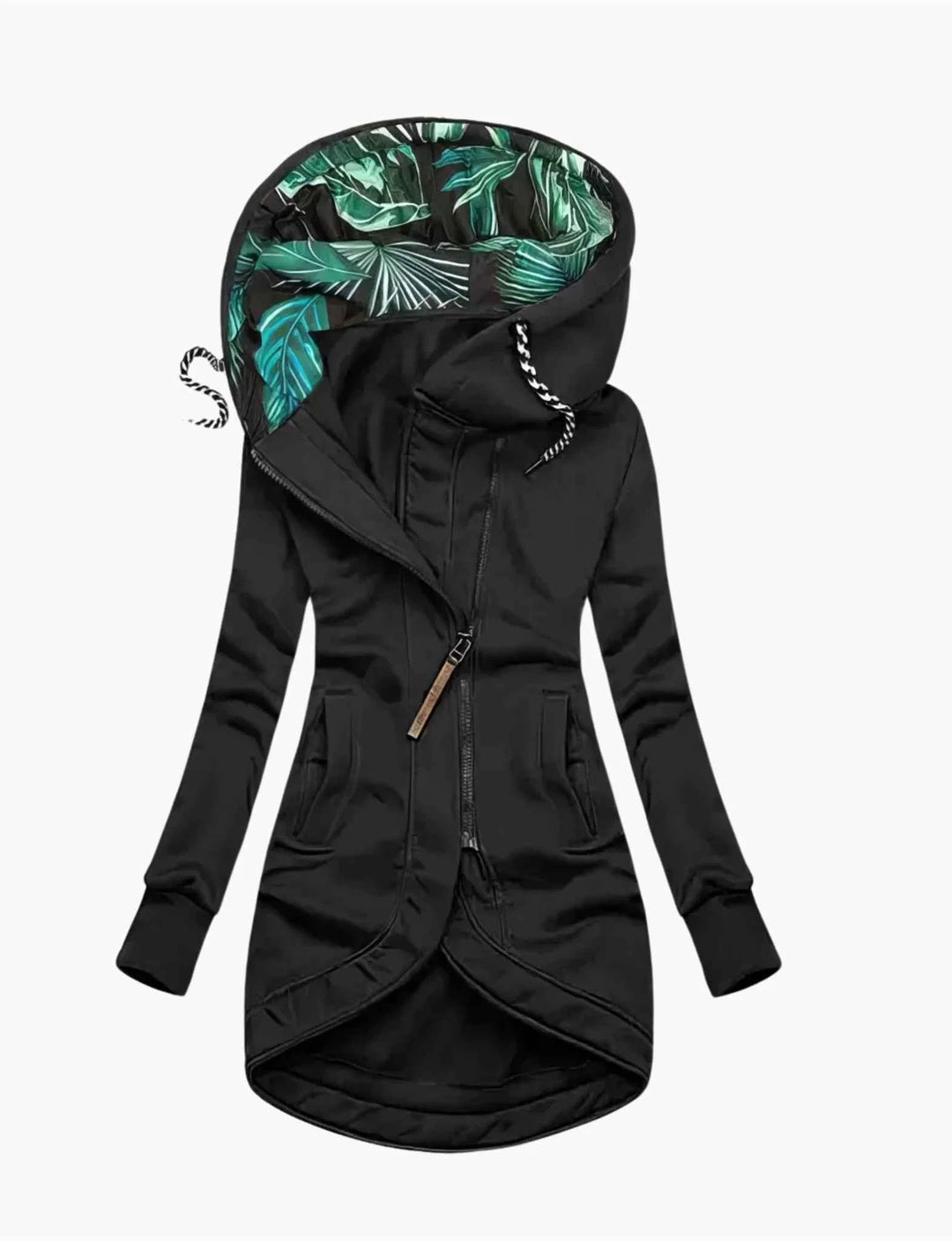 Women's hooded parka jacket in black with asymmetric zip and tropical leaf print lining