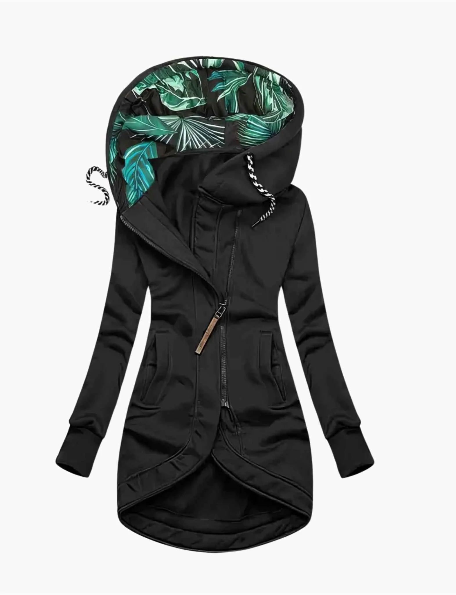 Detail of asymmetric zip fastening and front pockets on women's parka jacket