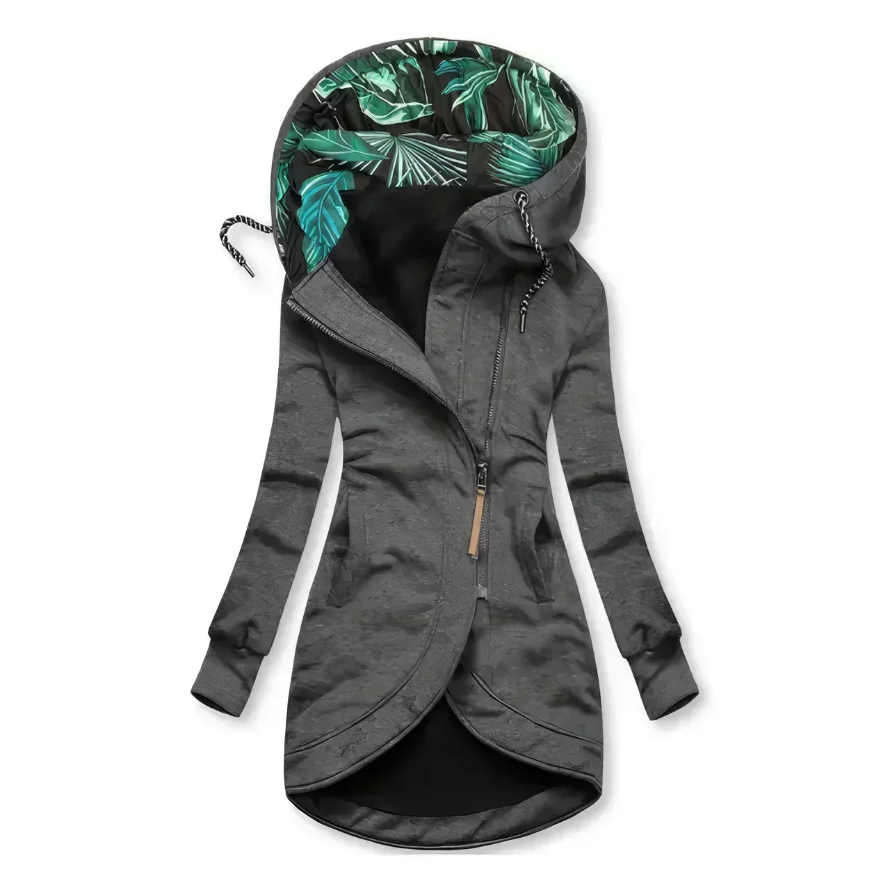 Interior view showing vibrant tropical leaf print lining in green and teal tones