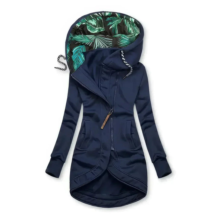 Full-length view of women's black parka with adjustable hood and relaxed silhouette