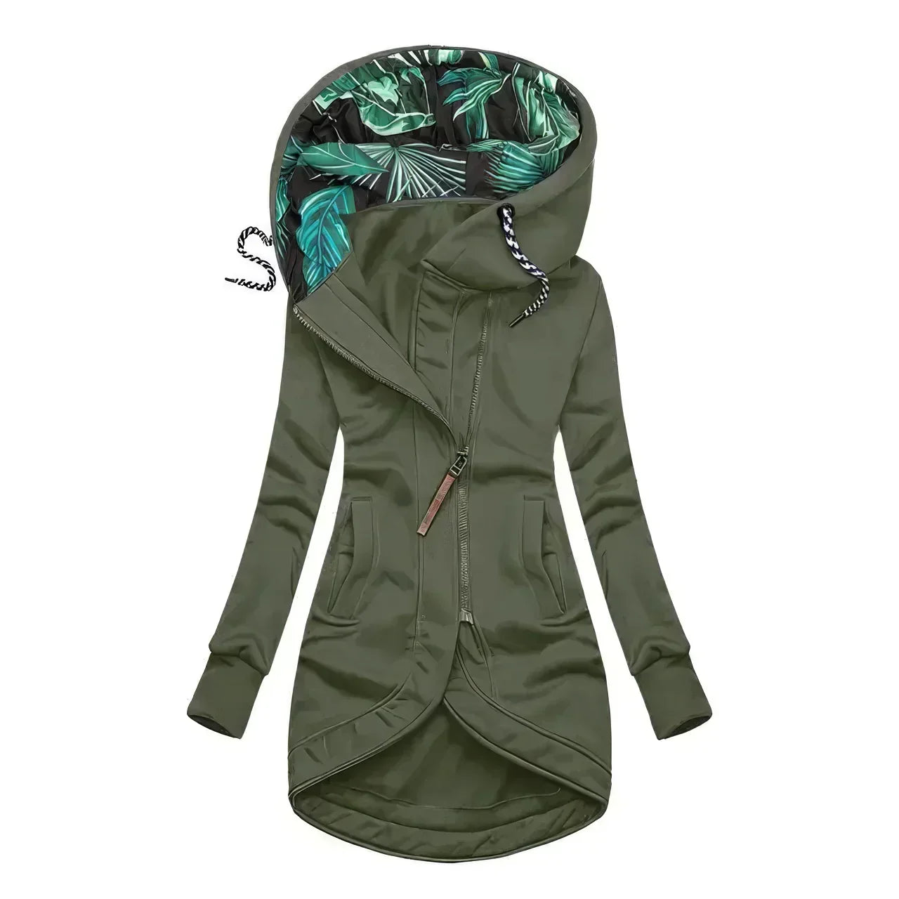 Close-up of front zip pockets and structured outer shell fabric on parka jacket