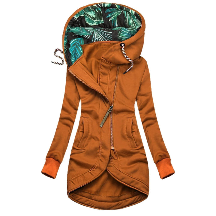Women's hooded parka jacket displayed flat showing asymmetric zip and printed lining detail