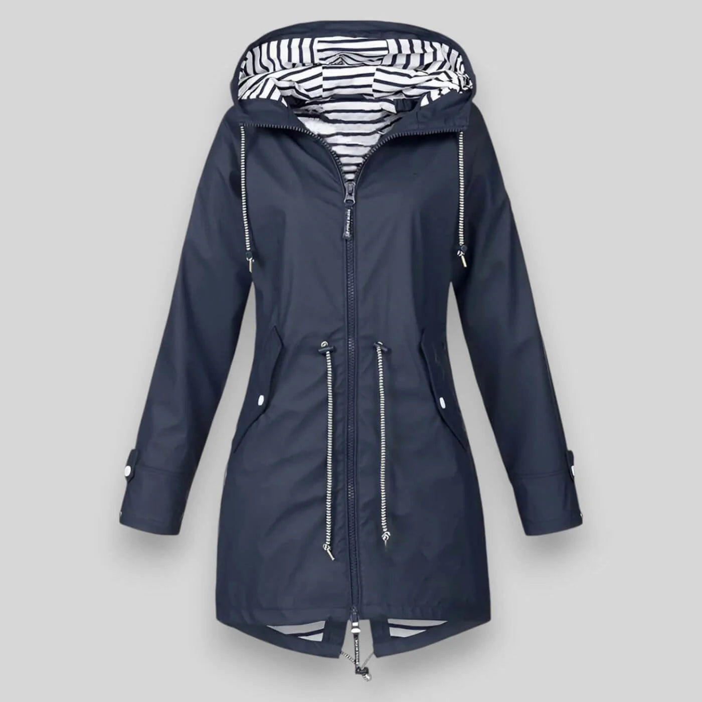 Women's hooded rain jacket in navy with striped lining and full-zip front closure