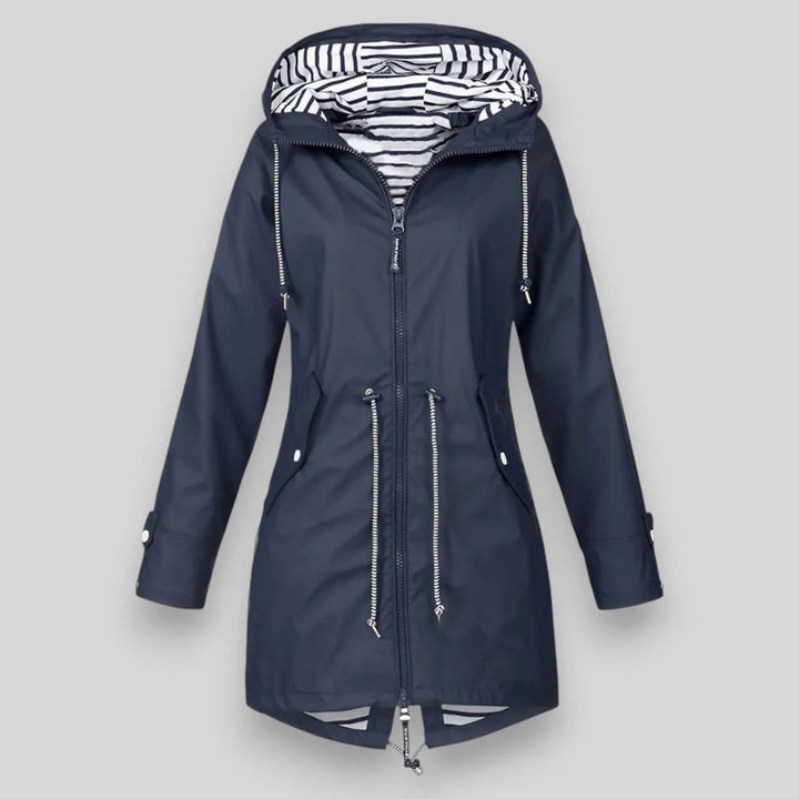 Women's hooded rain jacket in navy with striped lining and full-zip front closure