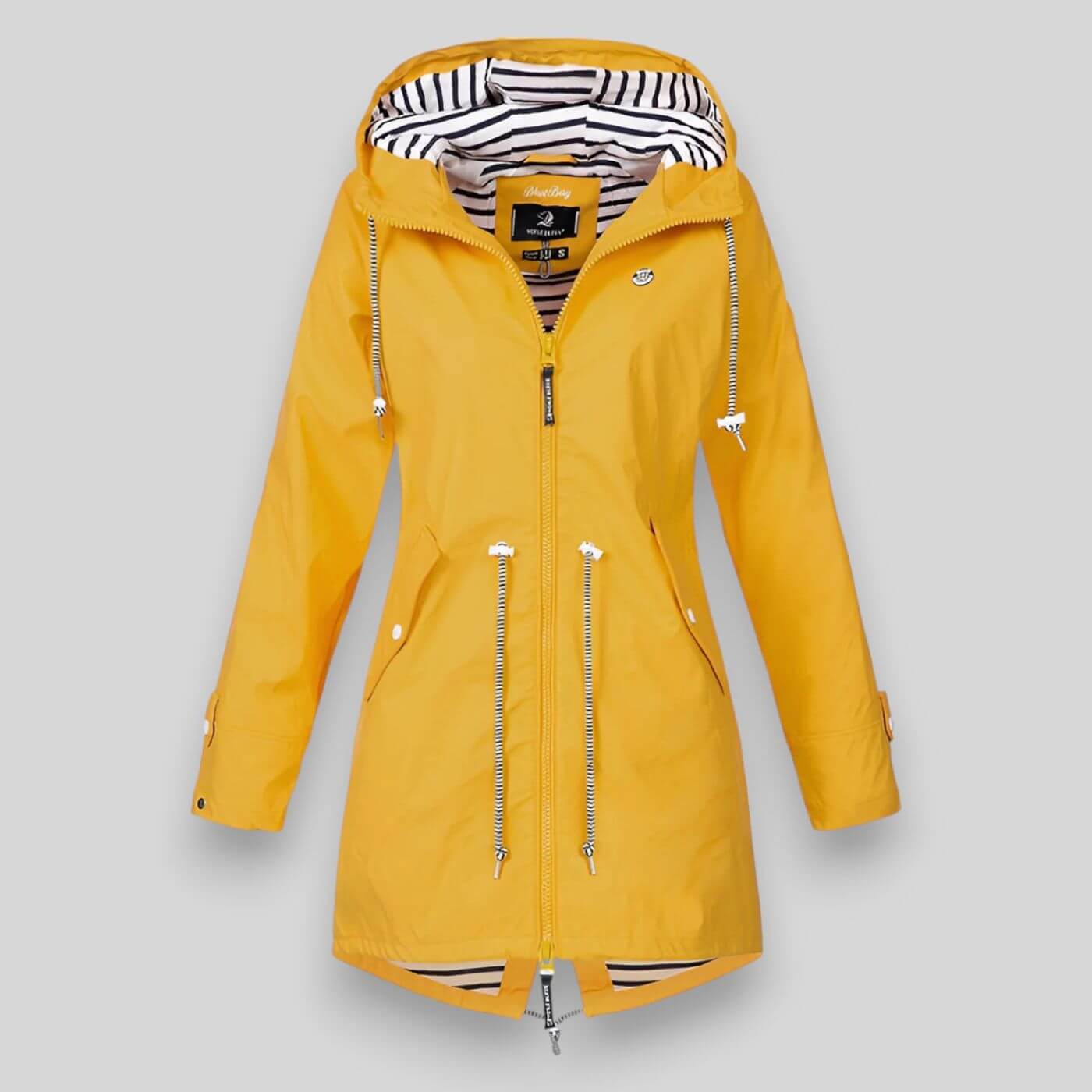 Navy hooded rain jacket featuring adjustable drawstring waist and zip pockets for women