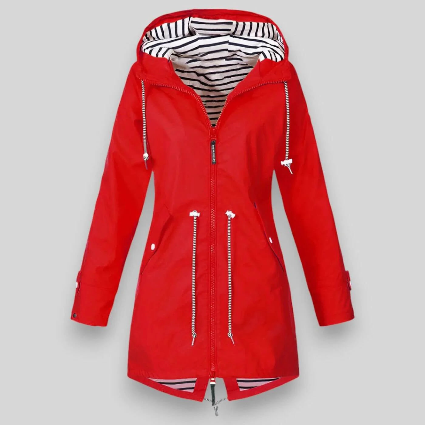Mid-thigh length women's rain jacket with relaxed fit and nautical striped lining detail