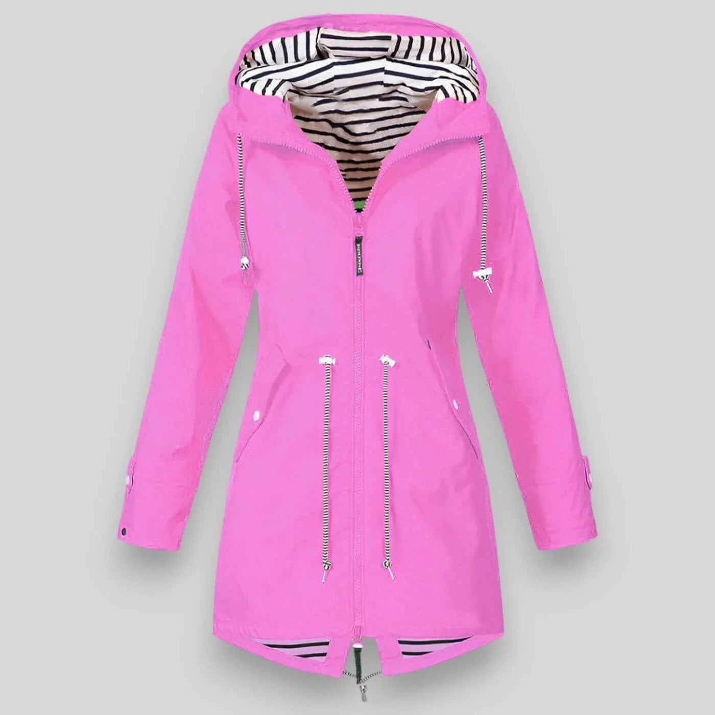 Women's zip-front rain jacket with adjustable hood and drawstring waist in navy blue