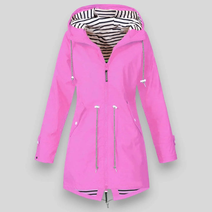 Women's zip-front rain jacket with adjustable hood and drawstring waist in navy blue