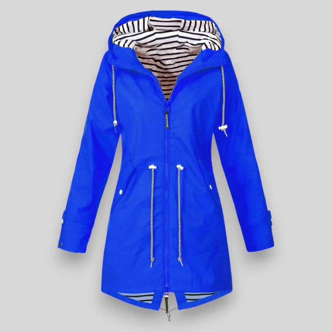 Casual hooded rain jacket for women showing full-zip closure and front pocket details