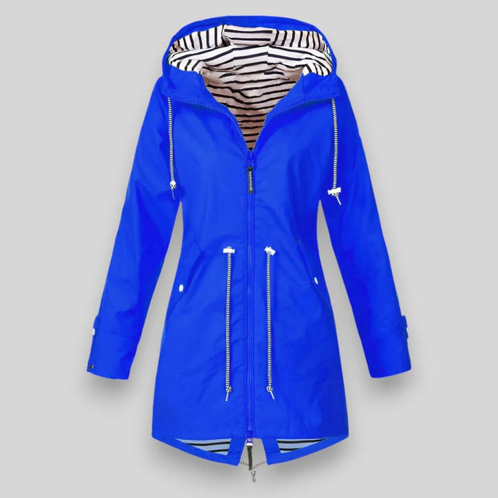 Casual hooded rain jacket for women showing full-zip closure and front pocket details
