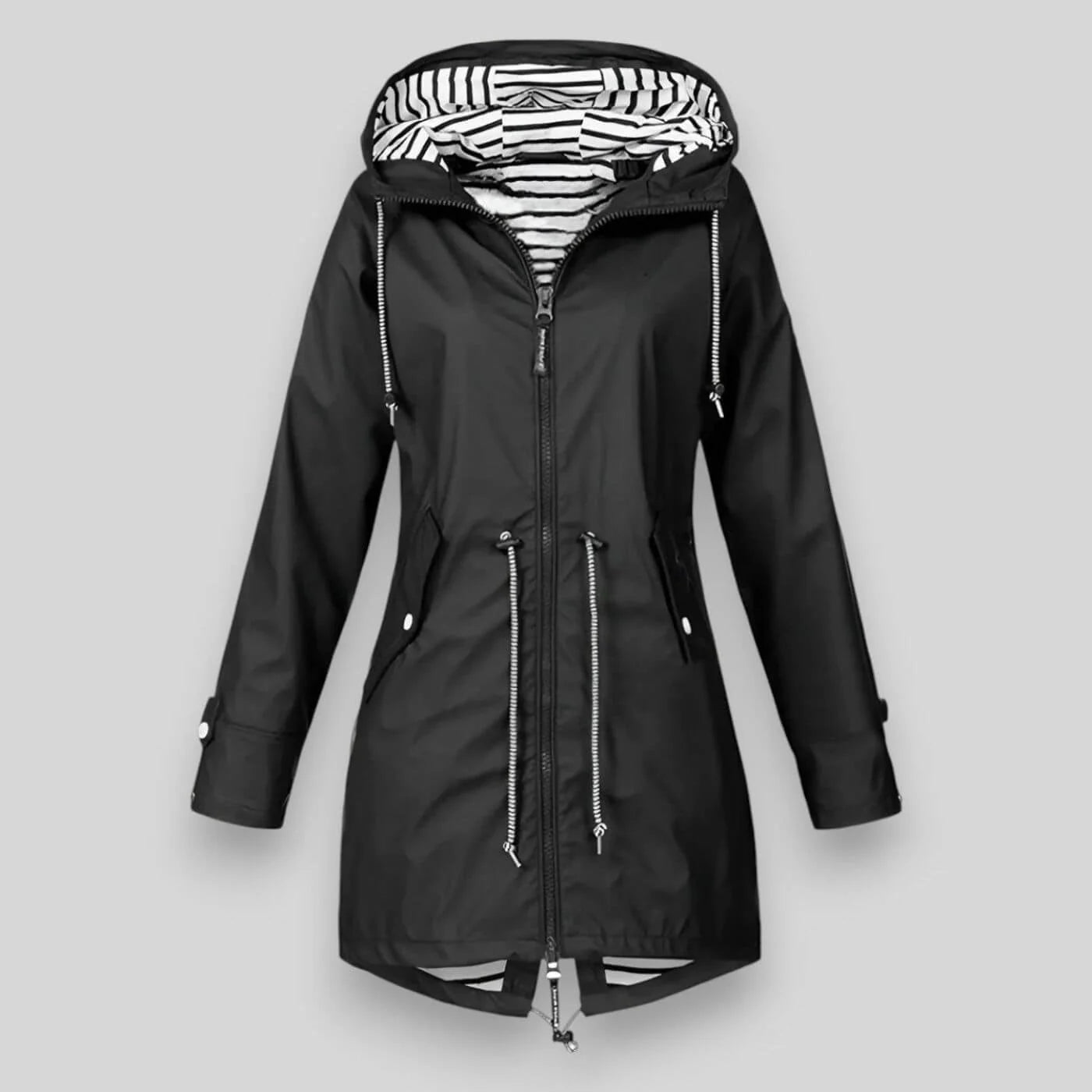 Navy women's rain jacket with striped hood lining and adjustable drawstring waist feature