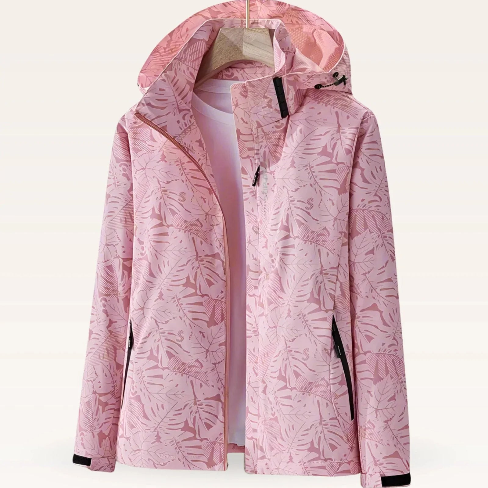 Women's windbreaker jacket open front view displaying full-zip closure and chest pocket