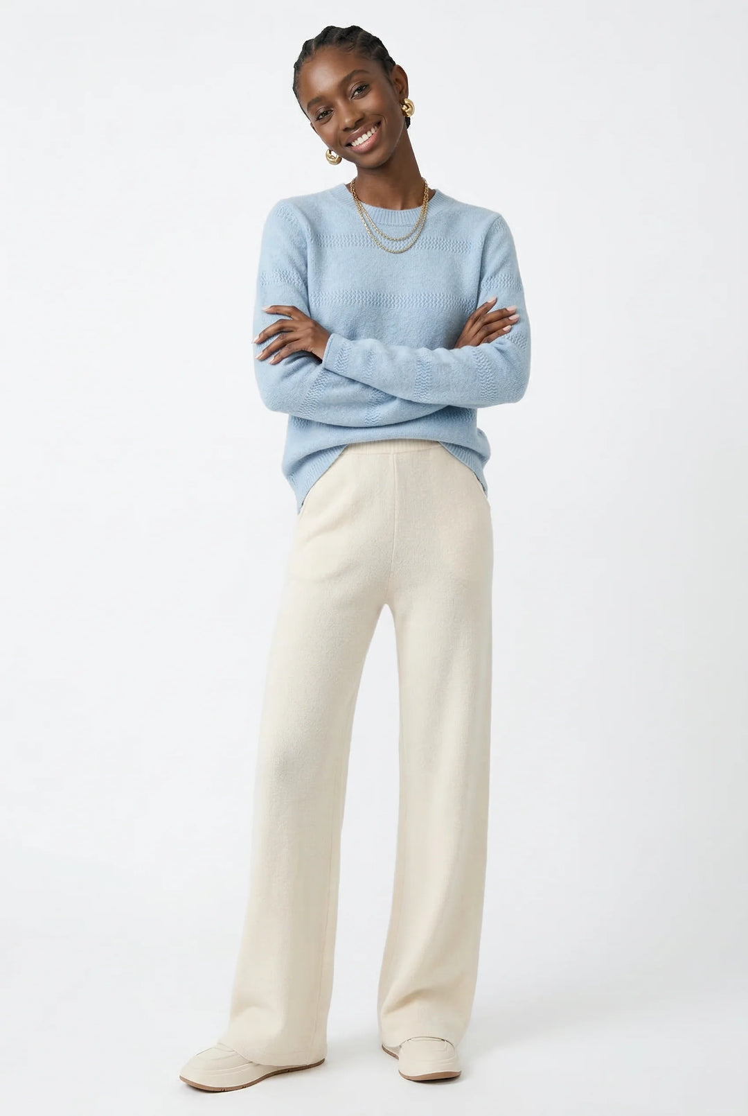 Detail view of Merino Pants pocket placement and high waist design