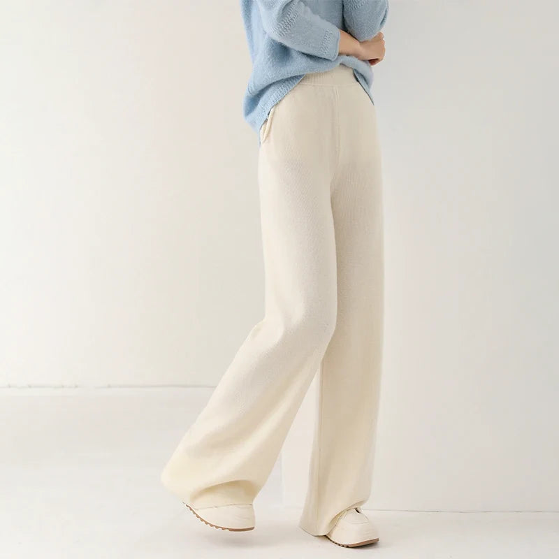 Back detail of cream Merino Pants showing elasticated waistband and wide-leg cut