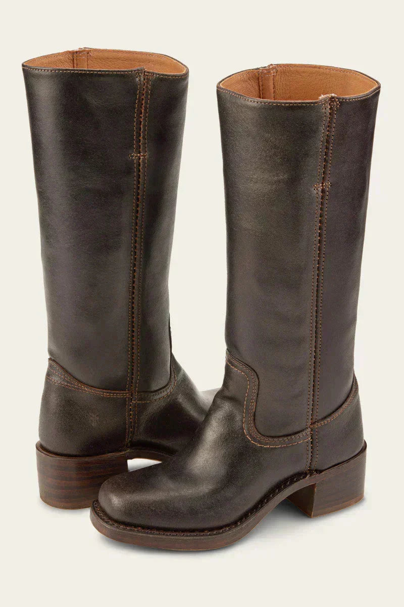 Women's mid-calf boots in dark brown with block heel and contrast stitching detail