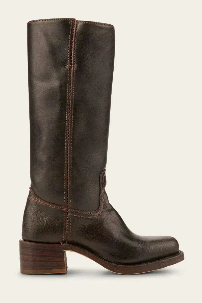 Close-up of women's mid-calf boots toe box showing rounded closed toe shape