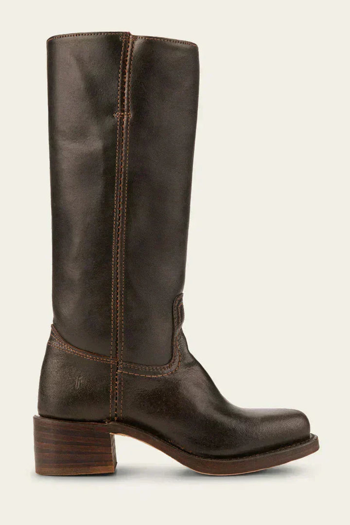 Close-up of women's mid-calf boots toe box showing rounded closed toe shape