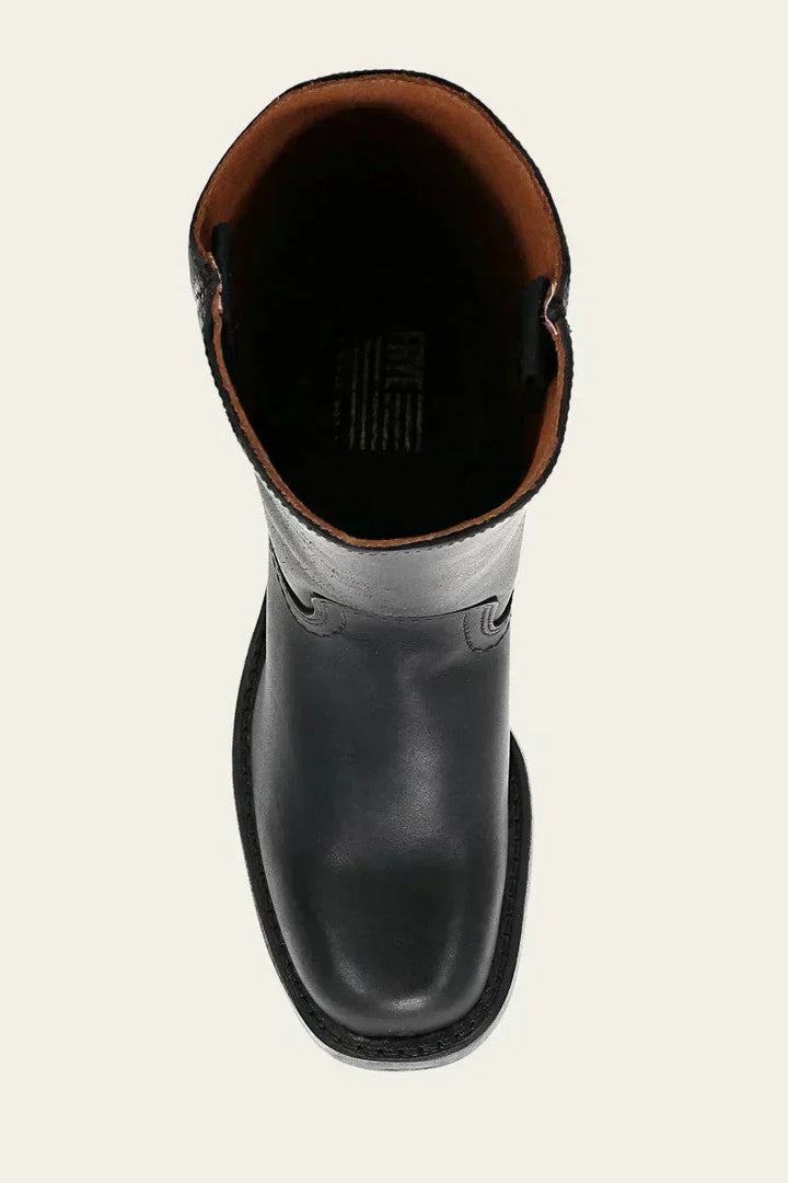 Women's mid-calf boots in black with structured shaft and block heel design