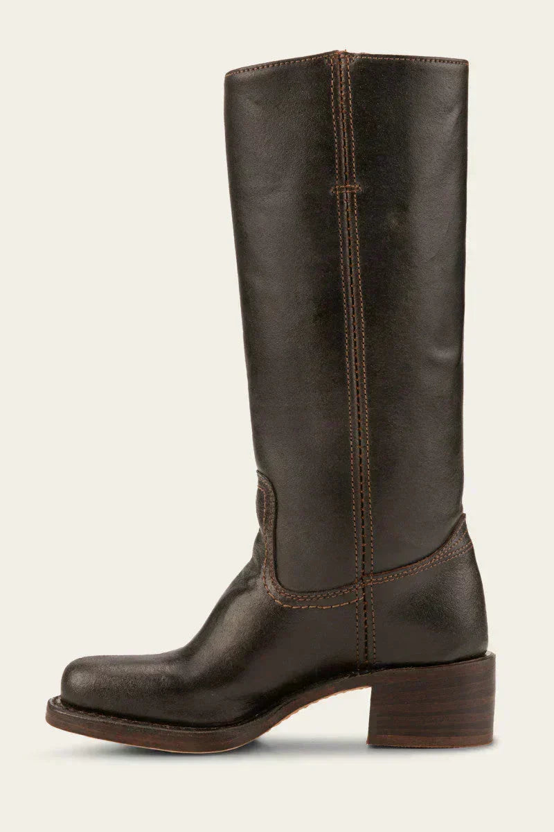 Side profile of women's mid-calf boots showing mid-calf height and heel construction