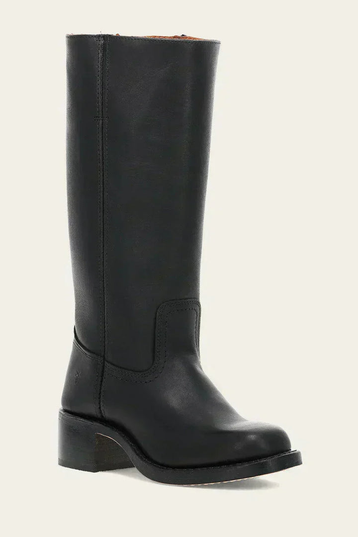 Women's mid-calf boots with contrast stitching and smooth upper material detail
