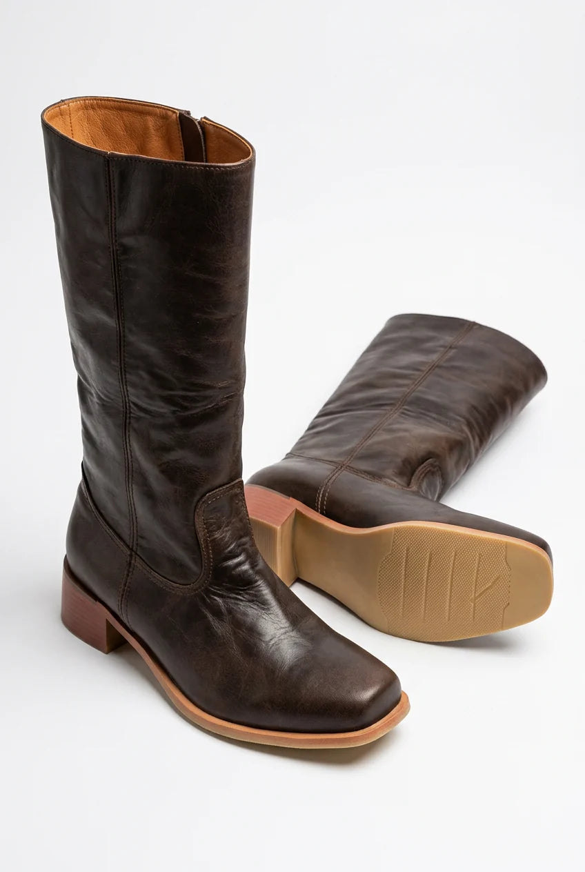 Women's mid-calf boots in dark brown colourway with clean vertical lines