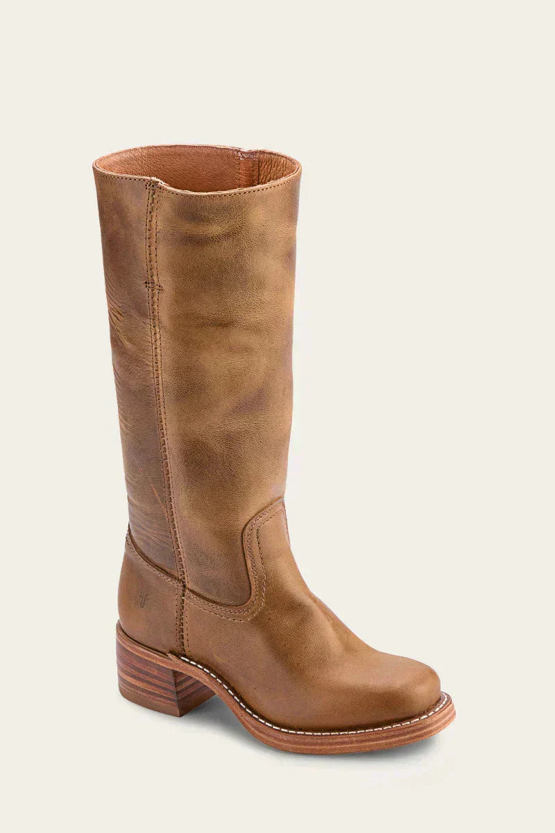 Women's mid-calf boots with closed round toe and raised block heel construction