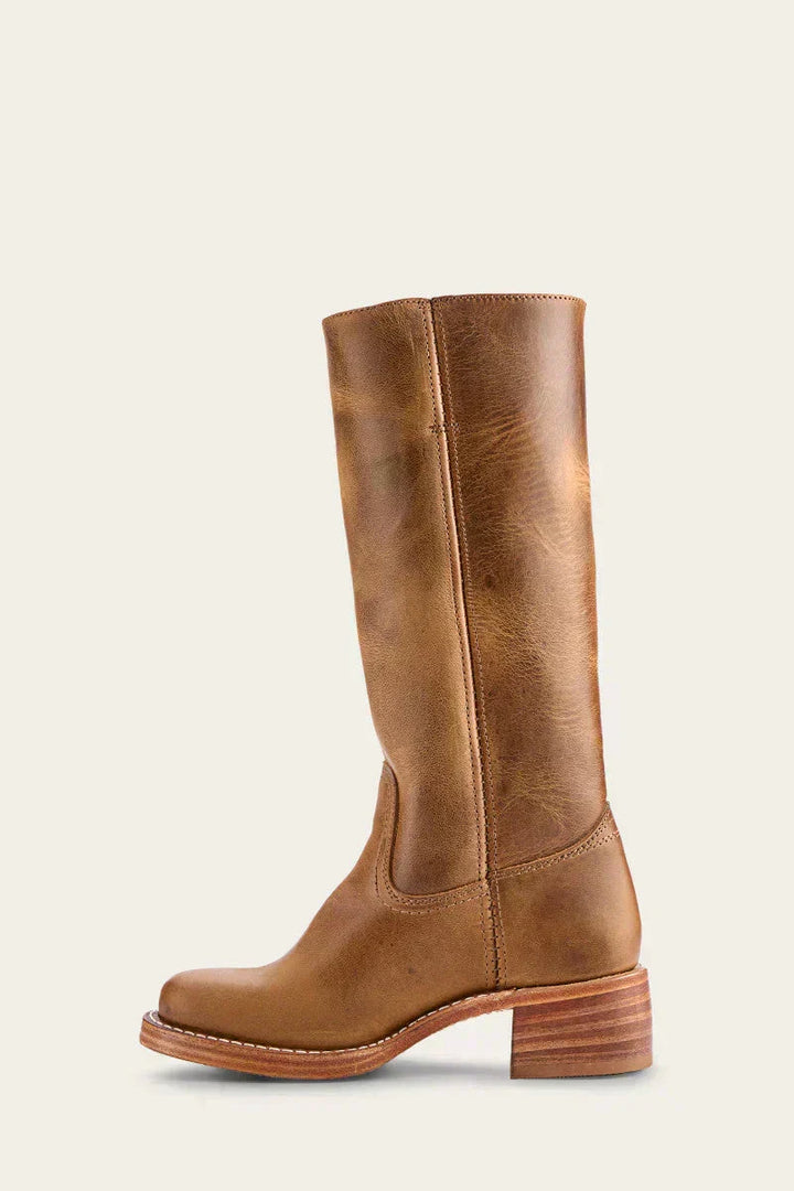 Women's mid-calf boots in brown with structured vertical shaft and stacked block heel