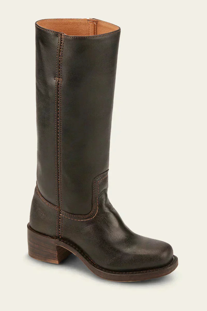 Women's mid-calf boots displayed from rear angle highlighting heel shape and stitching