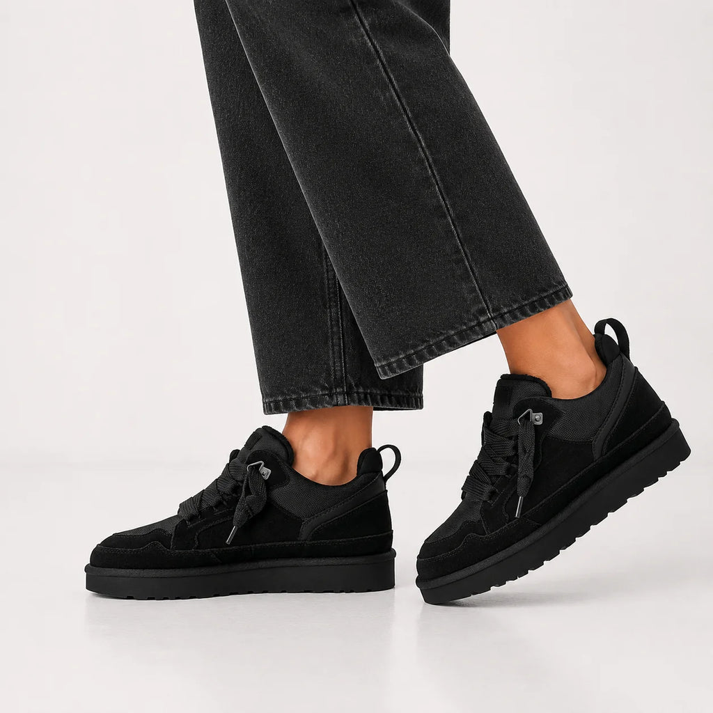 Detail shot of women's platform trainers highlighting fleece lining and stitching