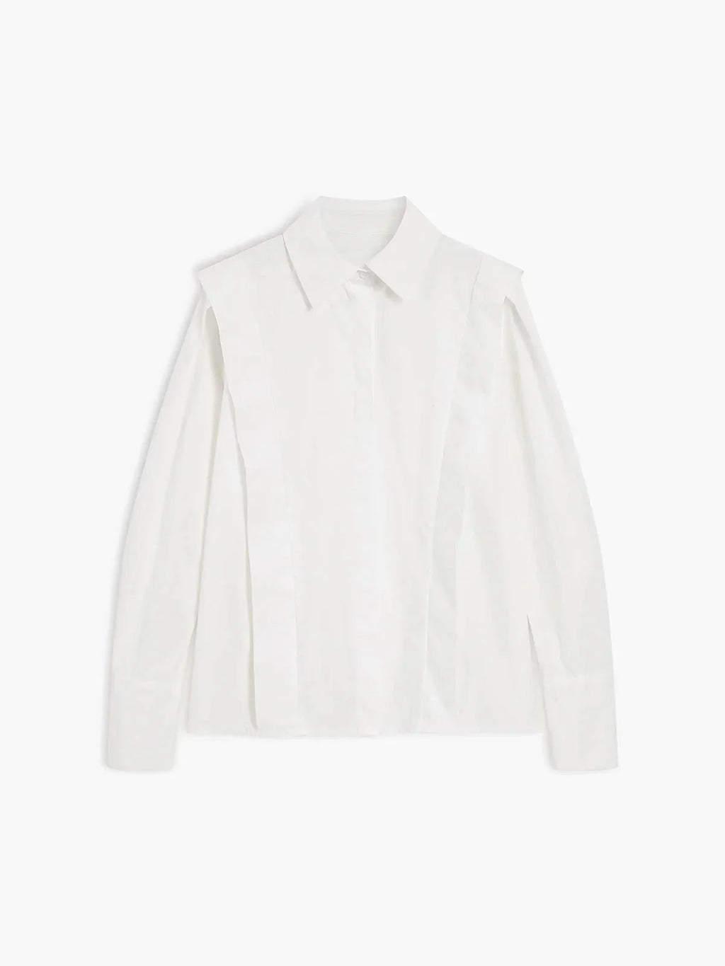 Front view of women's white structured shoulder shirt with button-through front closure