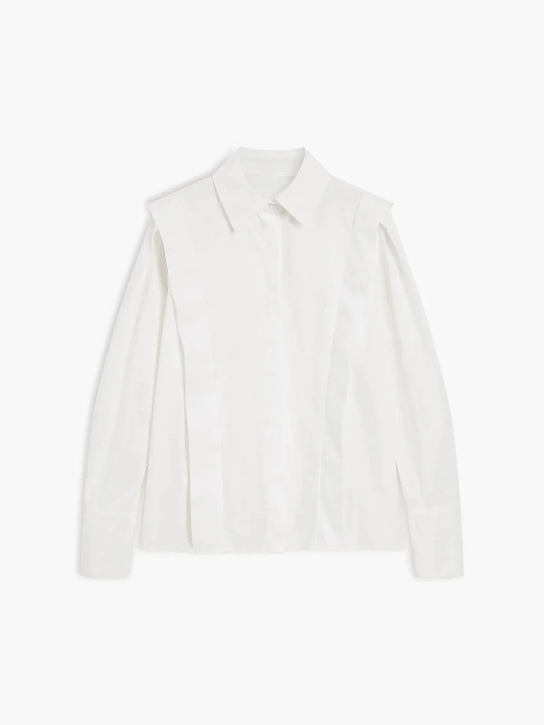 Front view of women's white structured shoulder shirt with button-through front closure