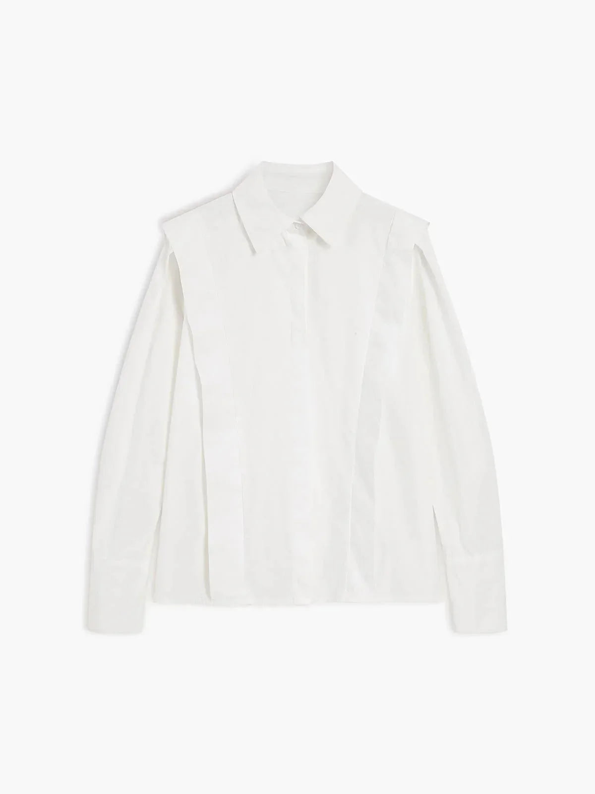 Front view of women's white structured shoulder shirt with button-through front closure