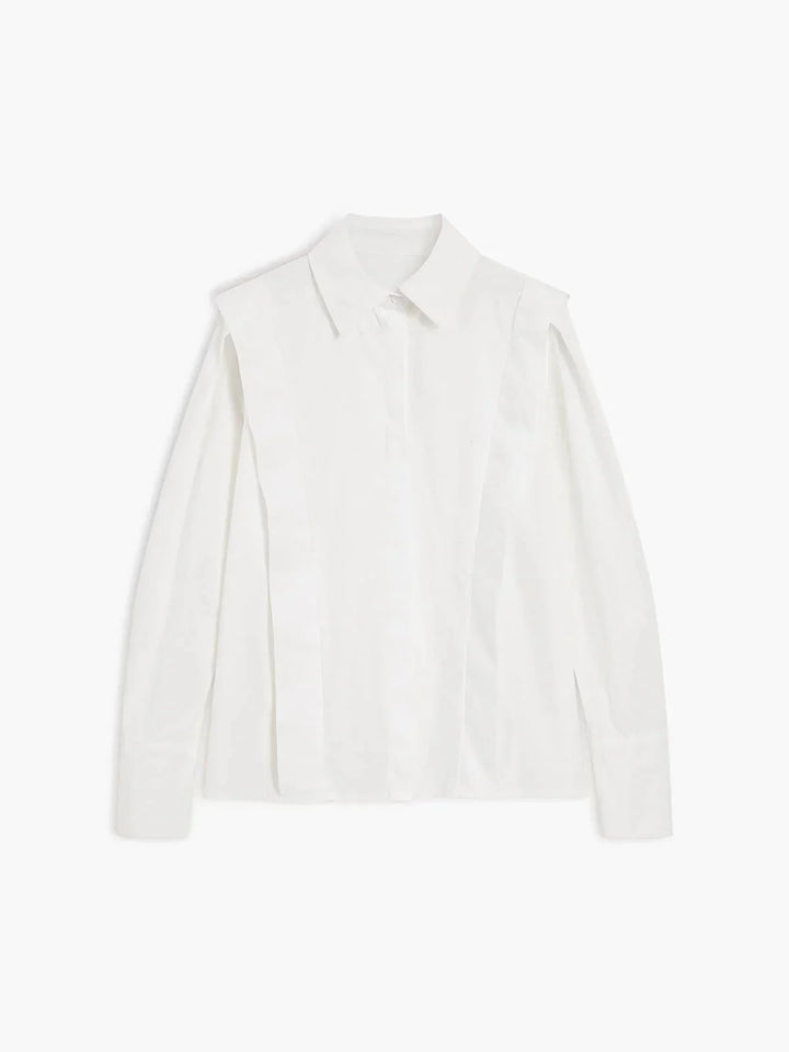 Front view of women's white structured shoulder shirt with button-through front closure