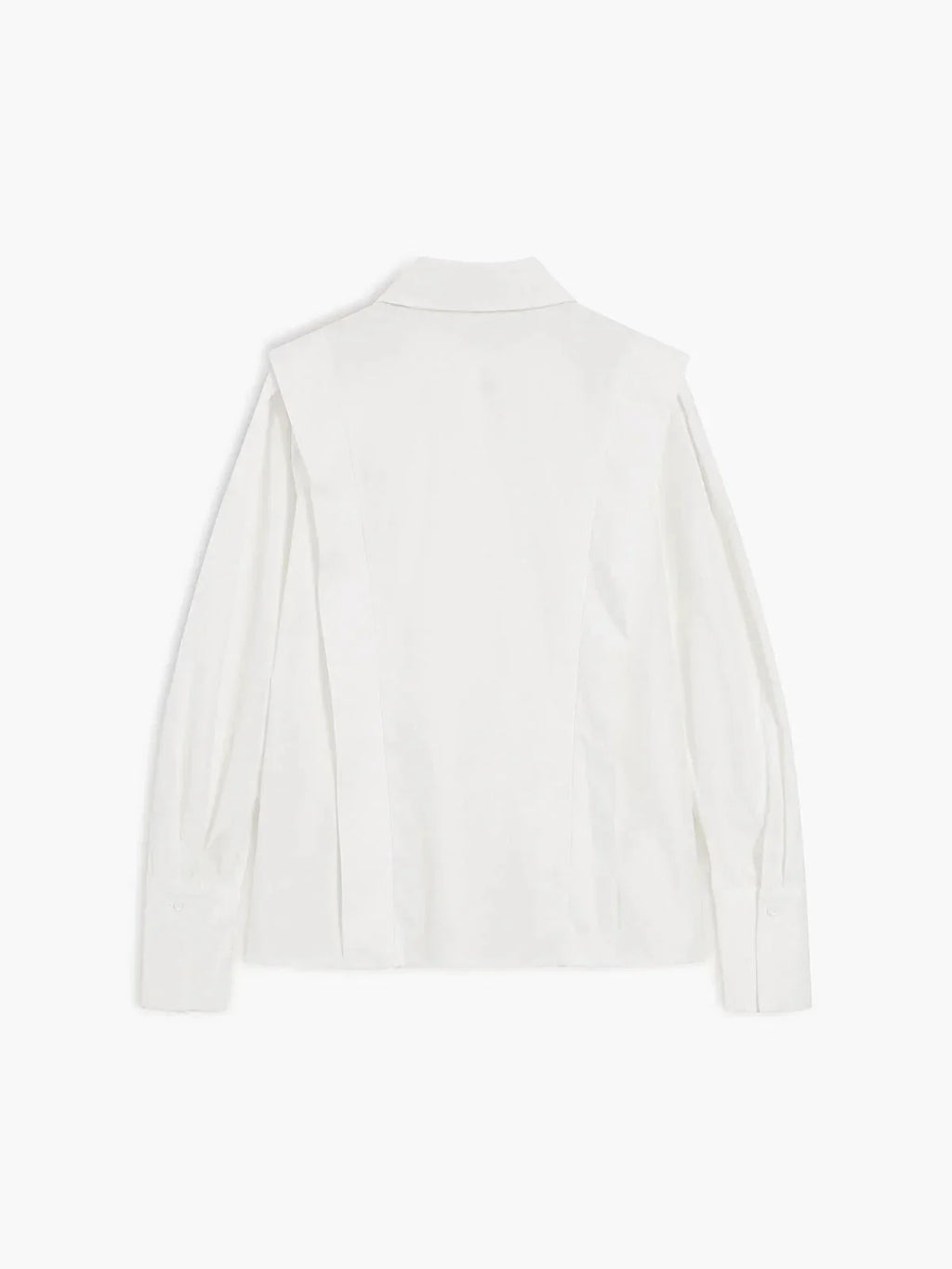 Women's white collared shirt showing pleated shoulder construction and tailored silhouette