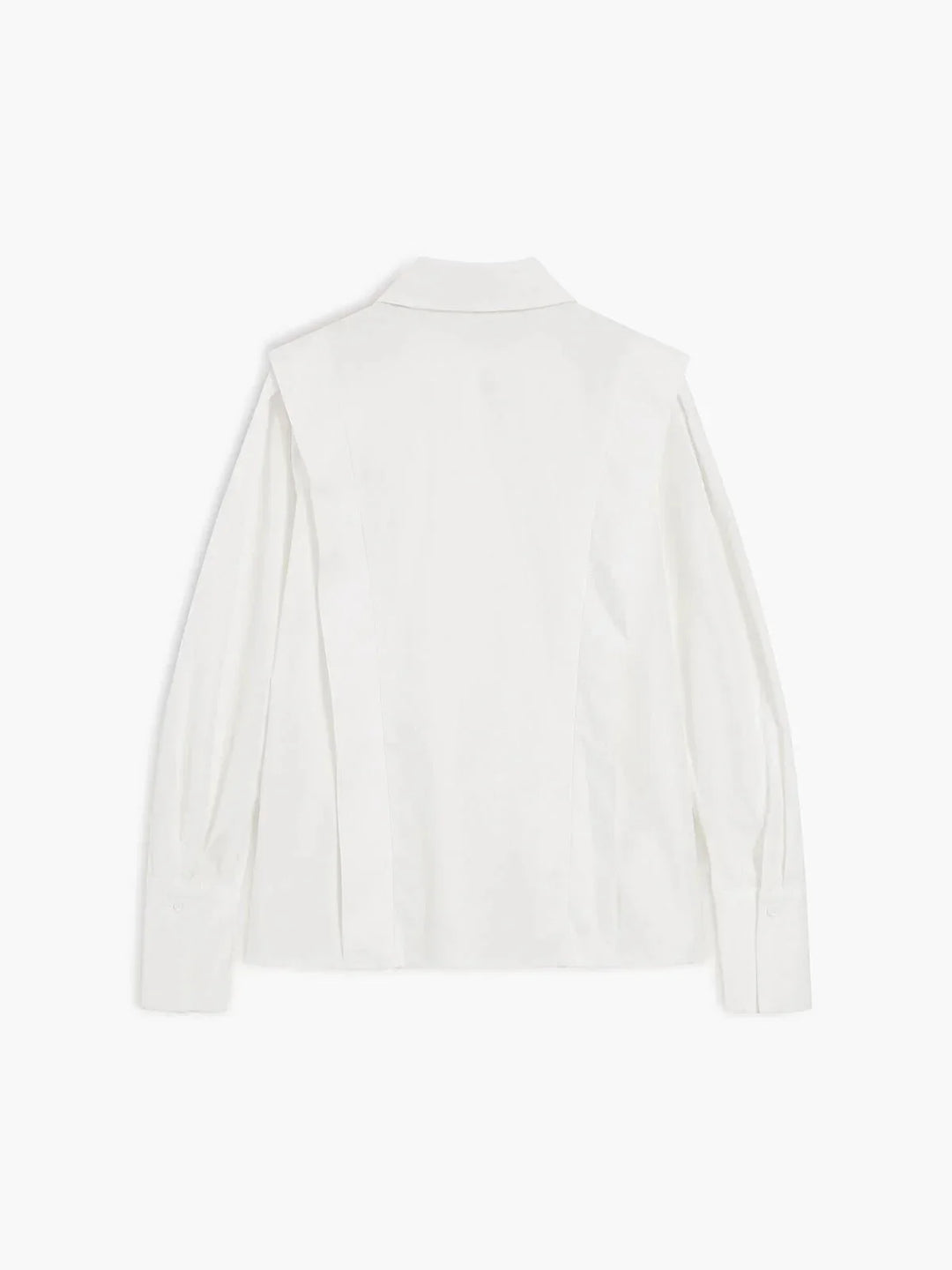 Women's white collared shirt showing pleated shoulder construction and tailored silhouette