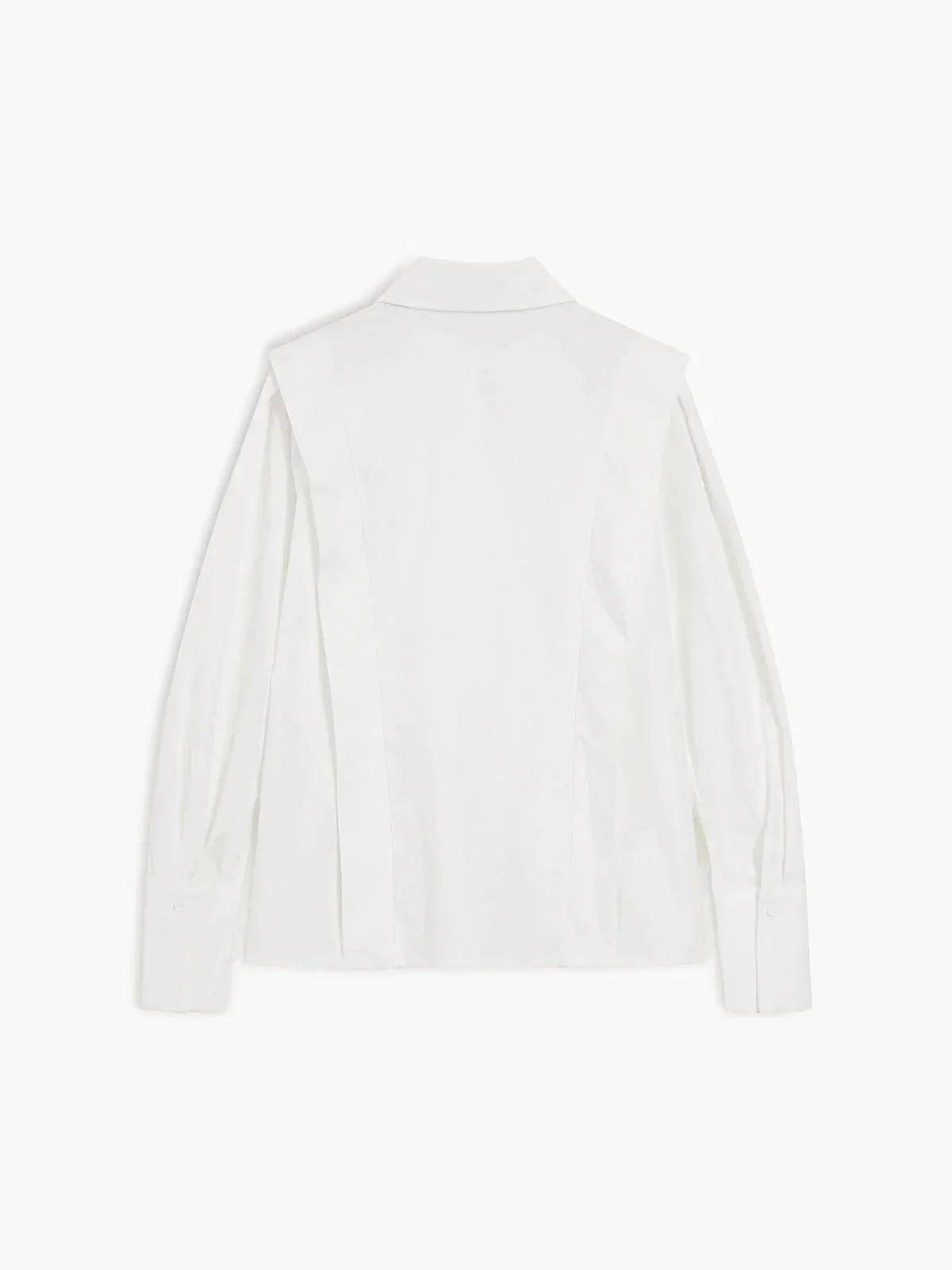 Women's white collared shirt showing pleated shoulder construction and tailored silhouette
