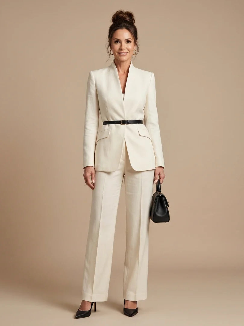Women's tailored blazer in cream with stand collar and structured shoulders worn with matching trousers