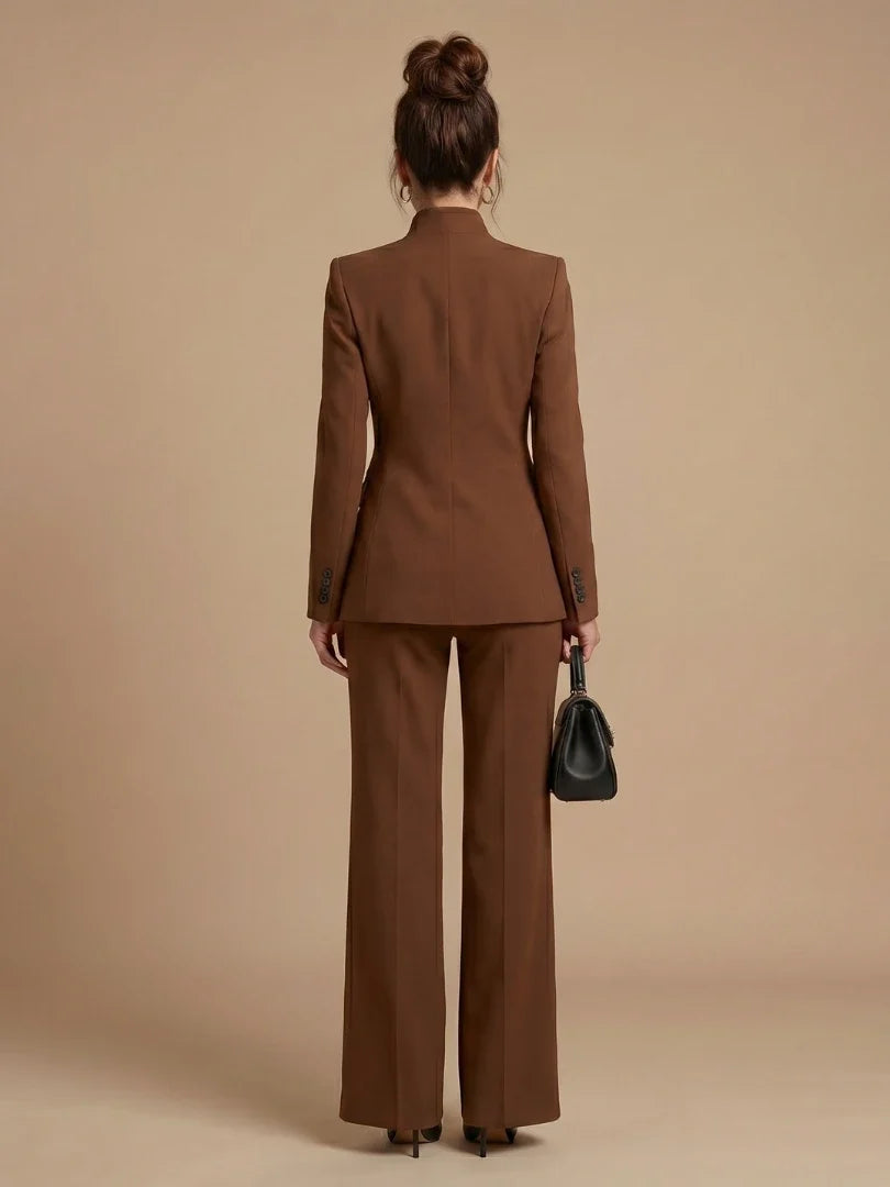Women's stand collar blazer in cream with structured shoulders and side pockets