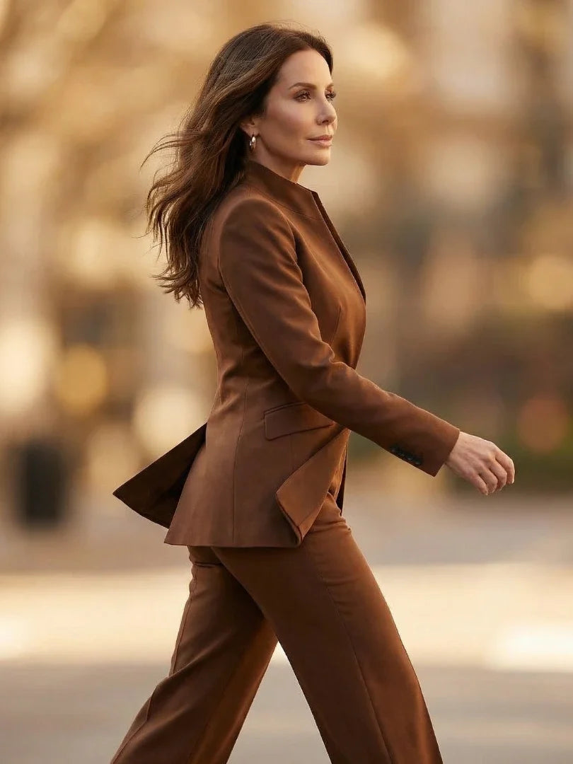 Tailored blazer with single-button front and clean drape through torso