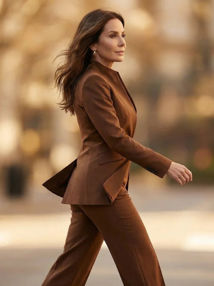 Tailored blazer with single-button front and clean drape through torso