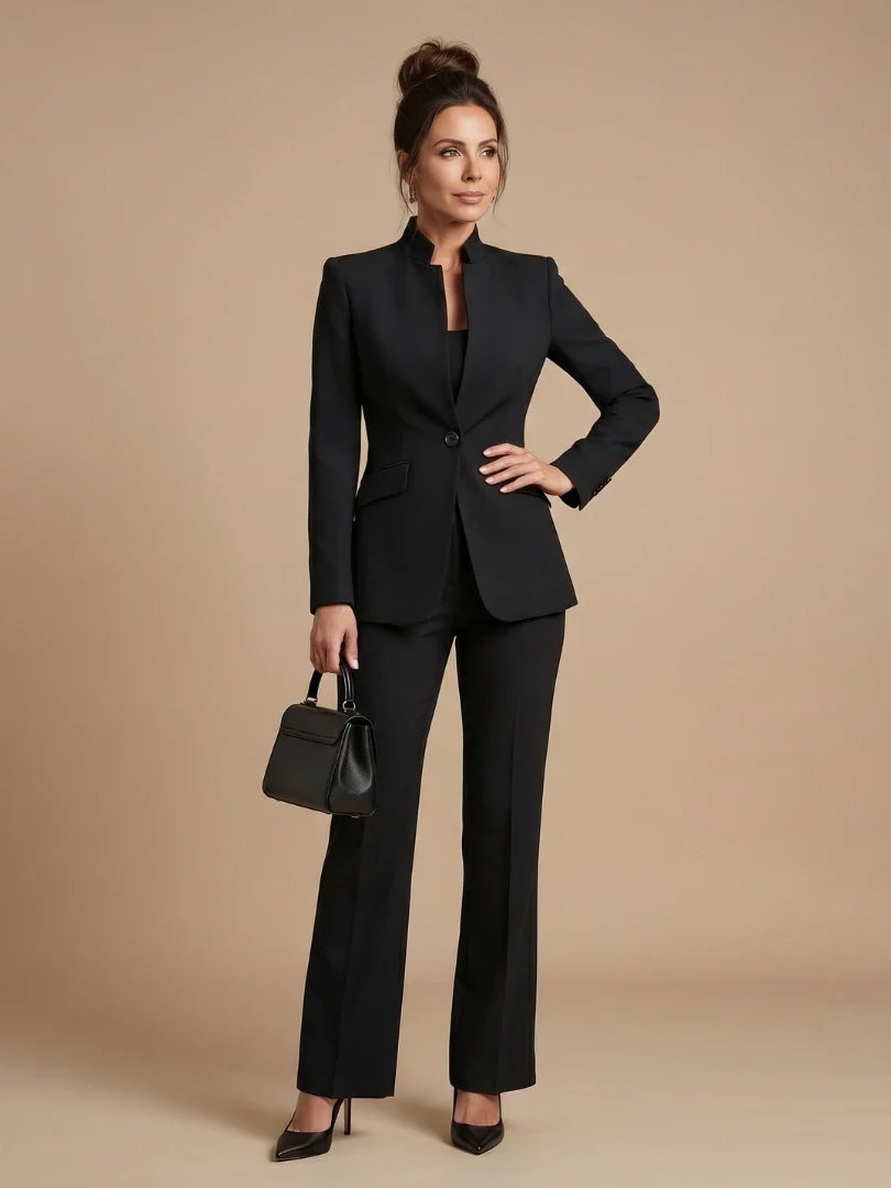 Cream structured blazer for women featuring stand collar and tailored fit