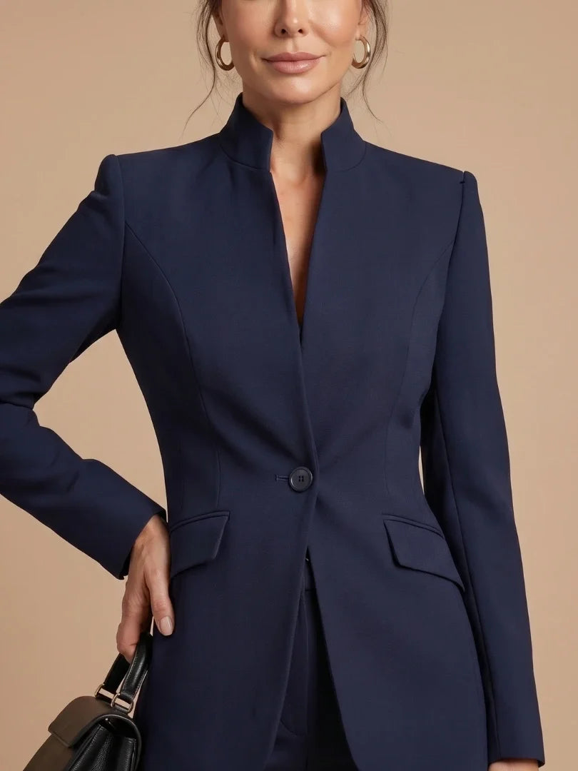 Structured blazer with stand collar and single-button front in cream