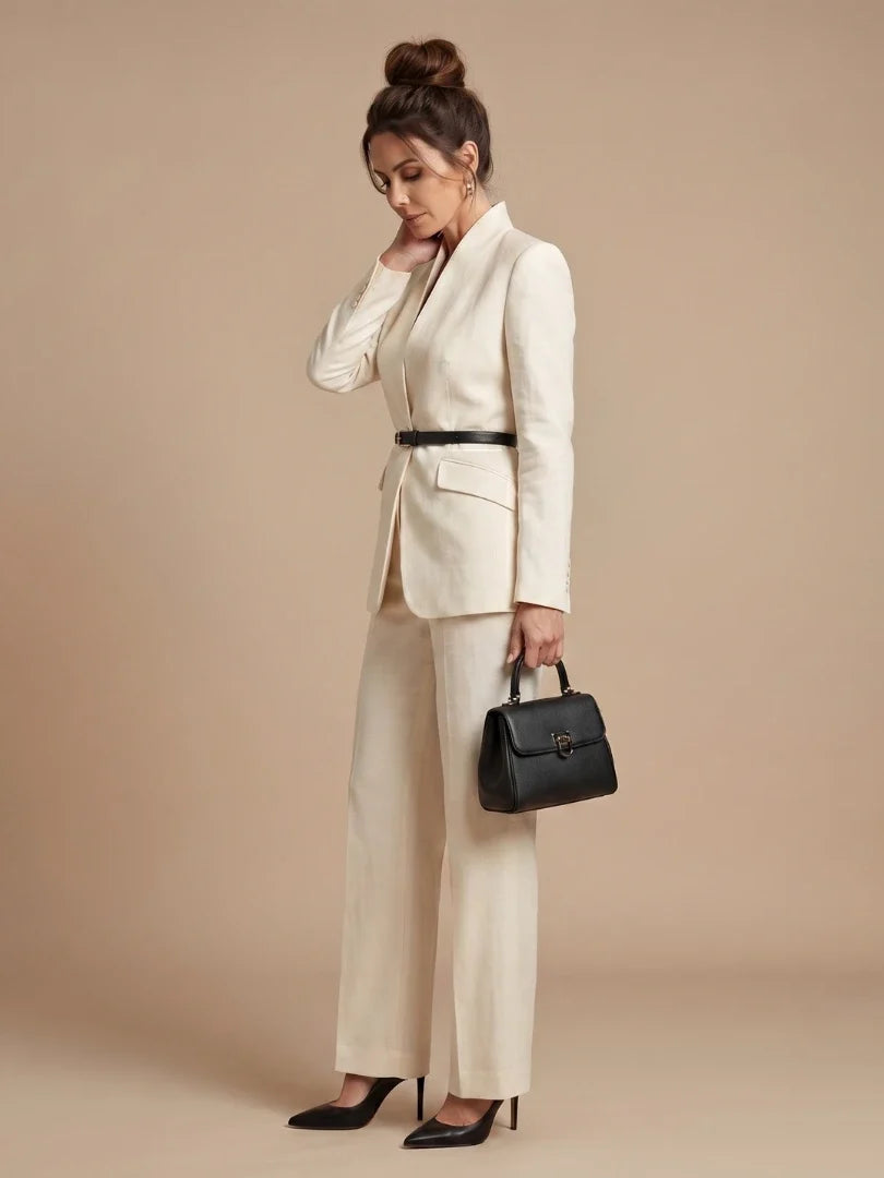 Cream tailored blazer with single-button front closure and side pockets for women