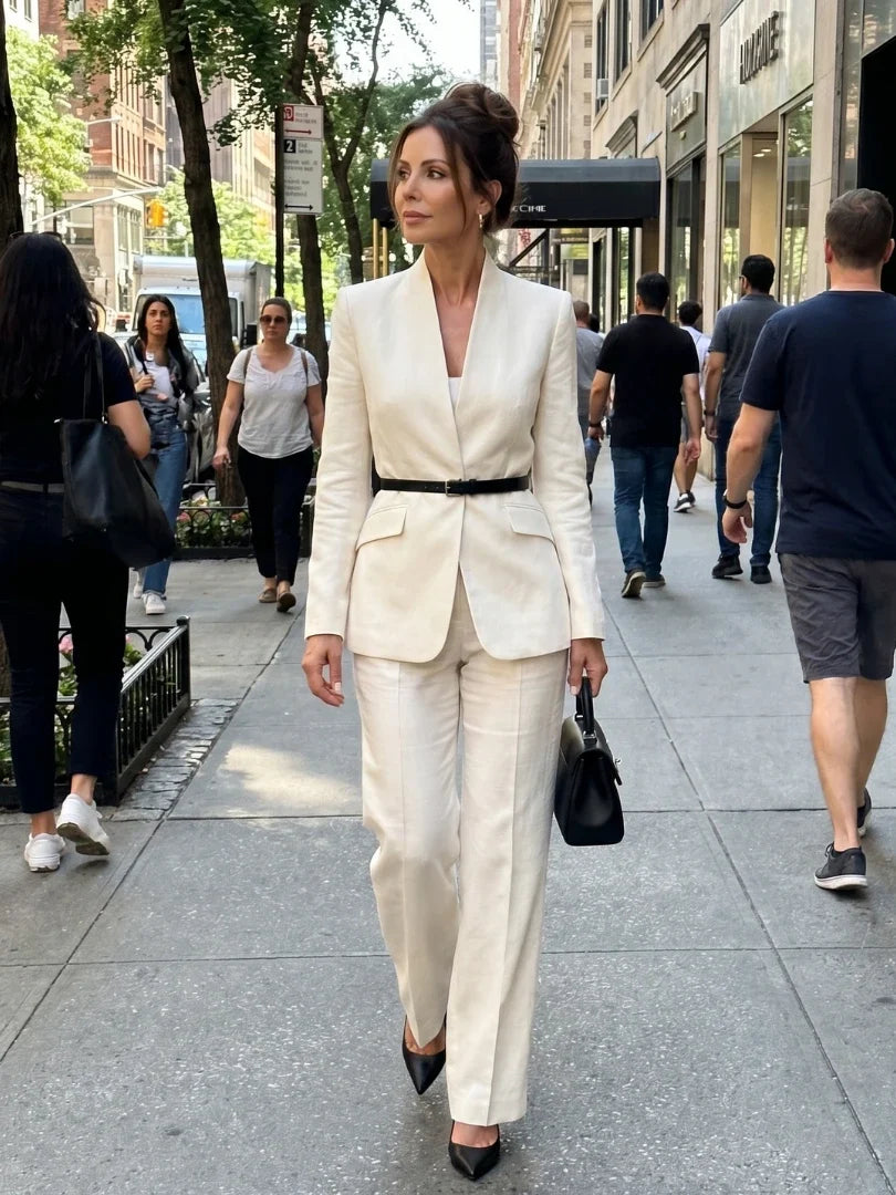 Tailored blazer for women featuring structured shoulders and smooth fabric finish