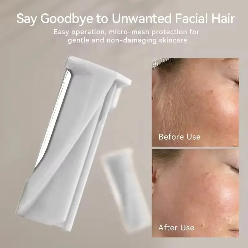 White rechargeable dermaplaning tool with LED system and interchangeable blade heads arranged for display